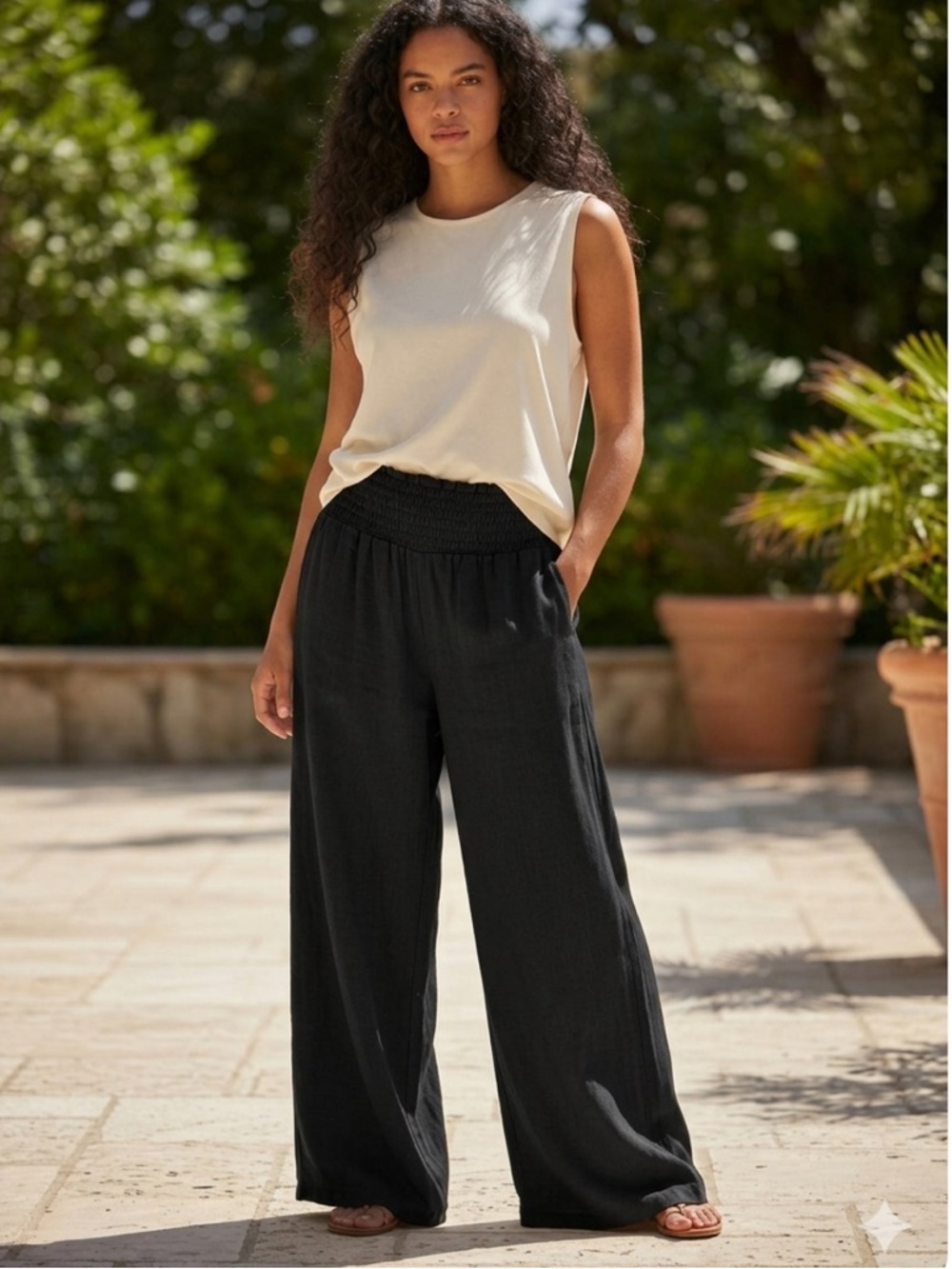 TFY Collection Black Wide-Leg Pants Boho 100% Cotton Palazzo Resortwear Sz S